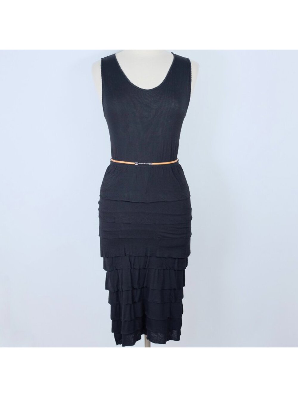 FENDI black stretch midi dress 44 US 6 - 8 leather belt logo tiered